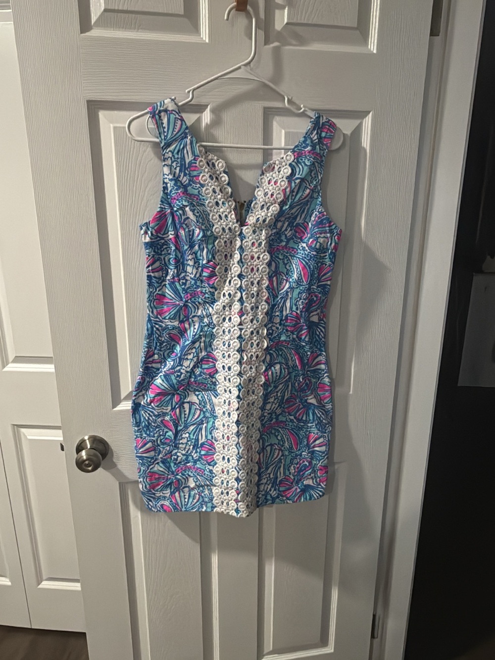 Lilly Pulitzer Blue Floral Print Mini Dress with White Lace Panel